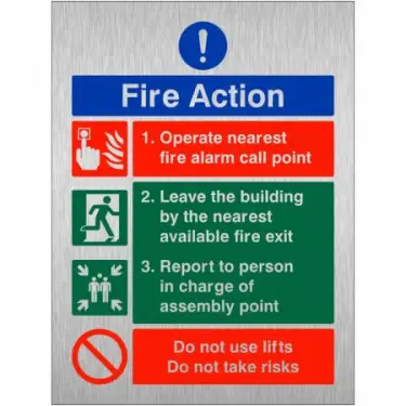 Click Here To Enlarge This Photo Of Brushed Aluminium &lpar;3mm&rpar; Operate Nearest Fire Alarm Call Point Sign