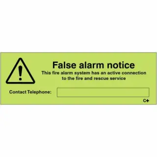 Photoluminescent &lpar;Glow in the Dark&rpar; Self Adhesive &lpar;Class C&rpar; False Alarm Notice Sign - 150mm x 50mm