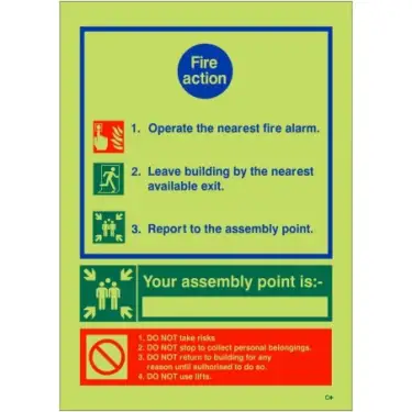 Click Here To Enlarge This Photo Of Photoluminescent &lpar;Glow in the Dark&rpar; Rigid Plastic &lpar;Class C&rpar; 3 Point Fire Action Sign - "Your Assembly Point is" - 200mm x 300mm