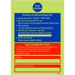 Photoluminescent &lpar;Glow in the Dark&rpar; Rigid Plastic &lpar;Class C&rpar; Hotel Guest House Fire Action Notice Sign