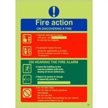 Click Here To Enlarge This Photo Of Photoluminescent &lpar;Glow in the Dark&rpar; Rigid Plastic &lpar;Class C&rpar; Fire Action Notice Sign - "On Discovering a Fire" - 150mm x 200mm