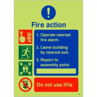 Photoluminescent &lpar;Glow in the Dark&rpar; Rigid Plastic &lpar;Class C&rpar; 3 Point Fire Action Sign - 150mm x 200mm