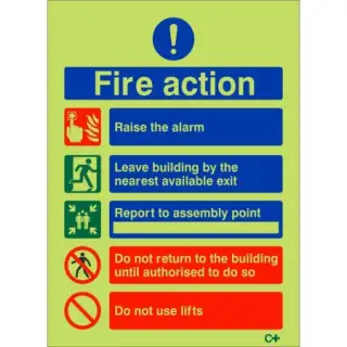 Photoluminescent &lpar;Glow in the Dark&rpar; Self Adhesive &lpar;Class C&rpar; 5 Point Fire Action Notice Sign - Do Not Use Lifts
