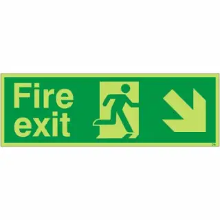 Photoluminescent &lpar;Glow in the Dark&rpar; Self Adhesive &lpar;Class C&rpar; Fire Exit Down Right Sign