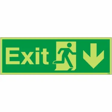 Click Here To Enlarge This Photo Of Photoluminescent &lpar;Glow in the Dark&rpar; Self Adhesive &lpar;Class C&rpar; Exit Arrow Down Sign