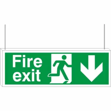 Click Here To Enlarge This Photo Of Rigid Plastic &lpar;3mm&rpar; Fire Exit Down Arrow Double Sided Hanging Sign