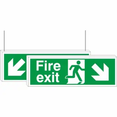 Click Here To Enlarge This Photo Of Rigid Plastic &lpar;3mm&rpar; Fire Exit Down Arrow Down Left&sol;Right Double Sided Hanging Sign