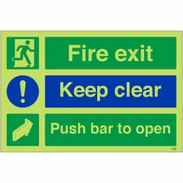 Click Here To Enlarge This Photo Of Photoluminescent &lpar;Glow in the Dark&rpar; Self Adhesive &lpar;Class C&rpar; "Fire Exit Keep Clear - Push Bar To Open" Sign