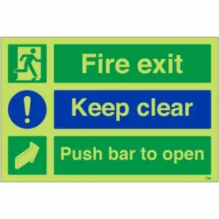 Photoluminescent &lpar;Glow in the Dark&rpar; Rigid Plastic &lpar;Class C&rpar; "Fire Exit Keep Clear - Push Bar To Open" Sign