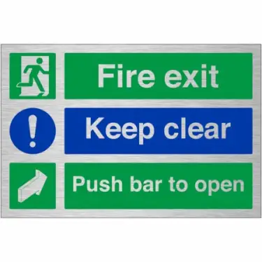 Click Here To Enlarge This Photo Of Brushed Aluminium &lpar;3mm&rpar; "Fire Exit Keep Clear - Push Bar To Open" Sign
