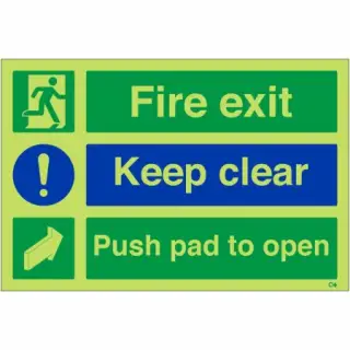 Photoluminescent &lpar;Glow in the Dark&rpar; Self Adhesive &lpar;Class C&rpar; "Fire Exit Keep Clear - Push Pad To Open" Sign