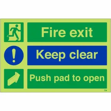 Click Here To Enlarge This Photo Of Photoluminescent &lpar;Glow in the Dark&rpar; Rigid Plastic &lpar;Class C&rpar; "Fire Exit Keep Clear - Push Pad To Open" Sign