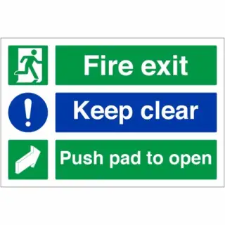 Rigid Plastic &lpar;1mm&rpar; "Fire Exit Keep Clear - Push Pad To Open" Sign