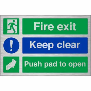 Click Here To Enlarge This Photo Of Brushed Aluminium &lpar;3mm&rpar; "Fire Exit Keep Clear - Push Pad To Open" Sign