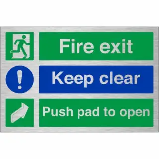Brushed Aluminium &lpar;3mm&rpar; "Fire Exit Keep Clear - Push Pad To Open" Sign