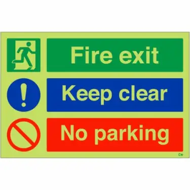 Click Here To Enlarge This Photo Of Photoluminescent &lpar;Glow in the Dark&rpar; Self Adhesive &lpar;Class C&rpar; "Fire Exit Keep Clear - No Parking" Sign