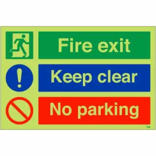 Photoluminescent &lpar;Glow in the Dark&rpar; Self Adhesive &lpar;Class C&rpar; "Fire Exit Keep Clear - No Parking" Sign