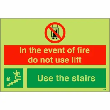 Click Here To Enlarge This Photo Of Photoluminescent &lpar;Glow in the Dark&rpar; Self Adhesive &lpar;Class C&rpar; "In The Event Of Fire Do Not Use Lift - Use Stairs" Down Left Sign