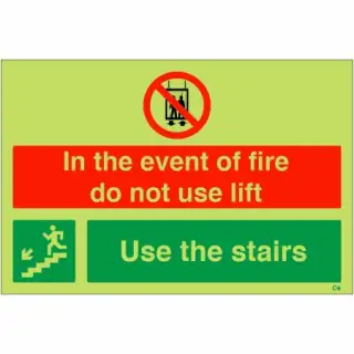 Photoluminescent &lpar;Glow in the Dark&rpar; Self Adhesive &lpar;Class C&rpar; "In The Event Of Fire Do Not Use Lift - Use Stairs" Down Left Sign
