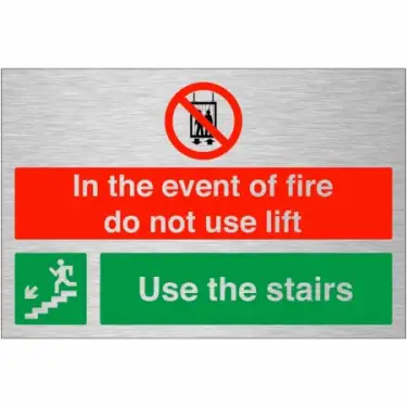 Click Here To Enlarge This Photo Of Brushed Aluminium &lpar;3mm&rpar; "In The Event Of Fire Do Not Use Lift - Use Stairs" Down Left Sign
