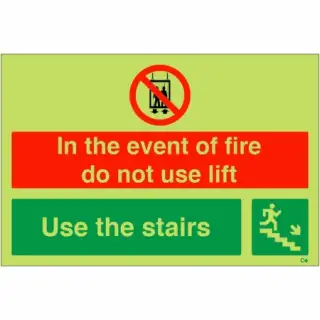 Photoluminescent &lpar;Glow in the Dark&rpar; Self Adhesive &lpar;Class C&rpar; "In The Event Of Fire Do Not Use Lift - Use Stairs" Down Right Sign