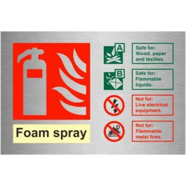 Click Here To Enlarge This Photo Of Brushed Aluminium &lpar;3mm&rpar; Foam Spray Fire Extinguisher ID Sign - 150mm x 100mm