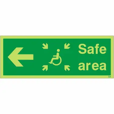Click Here To Enlarge This Photo Of Photoluminescent &lpar;Glow in the Dark&rpar; Self Adhesive &lpar;Class C&rpar; Safe Area Left Refuge Sign - 400mm x 150mm
