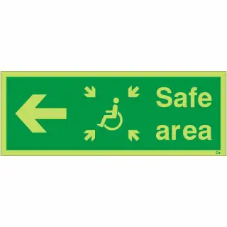 Photoluminescent &lpar;Glow in the Dark&rpar; Rigid Plastic &lpar;Class C&rpar; Safe Area Left Refuge Sign - 400mm x 150mm