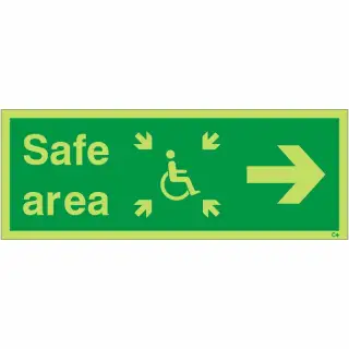Photoluminescent &lpar;Glow in the Dark&rpar; Self Adhesive &lpar;Class C&rpar; Safe Area Right Refuge Sign - 400mm x 150mm