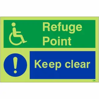 Photoluminescent &lpar;Glow in the Dark&rpar; Rigid Plastic &lpar;Class C&rpar; Refuge Point Keep Clear Sign - 300mm x 200mm