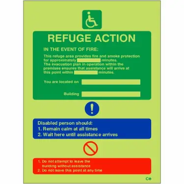 Click Here To Enlarge This Photo Of Photoluminescent &lpar;Glow in the Dark&rpar; Self Adhesive &lpar;Class C&rpar; Fire Action Refuge Sign - 150mm x 200mm