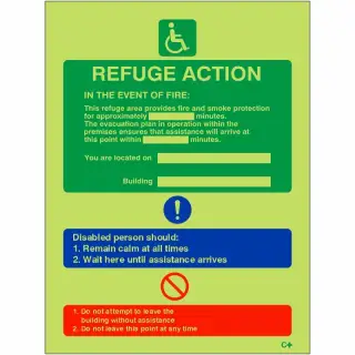 Photoluminescent &lpar;Glow in the Dark&rpar; Self Adhesive &lpar;Class C&rpar; Fire Action Refuge Sign - 150mm x 200mm