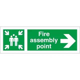 Rigid Plastic &lpar;1mm&rpar; Fire Assembly Point Sign With Right Arrow - 400mm x 150mm