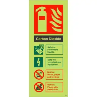 Photoluminescent &lpar;Glow in the Dark&rpar; Self Adhesive &lpar;Class C&rpar; Carbon Dioxide Fire Extinguisher ID Sign - 75mm x 200mm