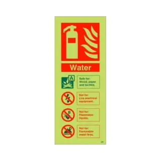 Photoluminescent &lpar;Glow in the Dark&rpar; Rigid Plastic &lpar;Class C&rpar; Water Fire Extinguisher ID Sign - 75mm x 200mm