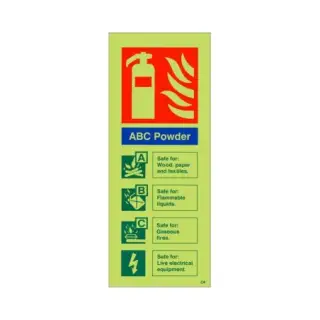 Photoluminescent &lpar;Glow in the Dark&rpar; Self Adhesive &lpar;Class C&rpar; ABC Powder Fire Extinguisher ID Sign - 75mm x 200mm