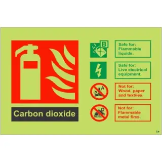 Photoluminescent &lpar;Glow in the Dark&rpar; Rigid Plastic &lpar;Class C&rpar; Carbon Dioxide Fire Extinguisher ID Sign - 150mm x 100mm
