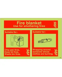 Photoluminescent &lpar;Glow in the Dark&rpar; Self Adhesive &lpar;Class C&rpar; Fire Blanket Fire Sign - 150mm x 100mm