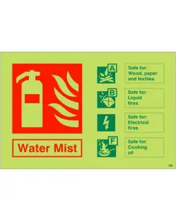 Photoluminescent &lpar;Glow in the Dark&rpar; Self Adhesive &lpar;Class C&rpar; Water Mist Fire Extinguisher Sign - 150mm x 100mm