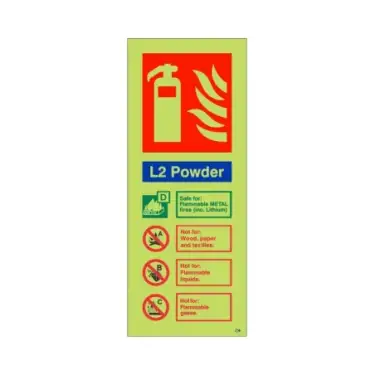 Click Here To Enlarge This Photo Of Photoluminescent &lpar;Glow in the Dark&rpar; Rigid Plastic &lpar;Class C&rpar; L2 Powder Fire Extinguisher ID Sign - 75mm x 200mm