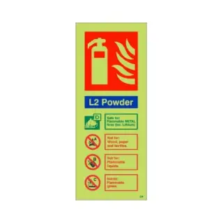 Photoluminescent &lpar;Glow in the Dark&rpar; Self Adhesive &lpar;Class C&rpar; L2 Powder Fire Extinguisher ID Sign - 75mm x 200mm