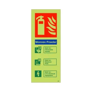 Photoluminescent &lpar;Glow in the Dark&rpar; Self Adhesive &lpar;Class C&rpar; Monnex Powder Fire Extinguisher ID Sign - 75mm x 200mm