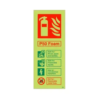 Photoluminescent &lpar;Glow in the Dark&rpar; Rigid Plastic &lpar;Class C&rpar; P50 Foam Fire Extinguisher ID Sign - 75mm x 200mm