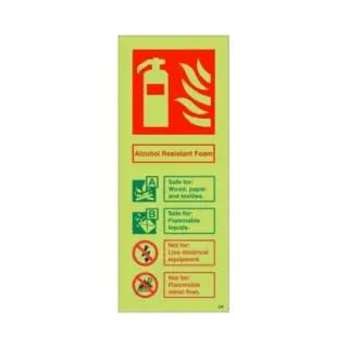 Photoluminescent &lpar;Glow in the Dark&rpar; Rigid Plastic &lpar;Class C&rpar; Alcohol Resistant Foam Fire Extinguisher ID Sign - 75mm x 200mm