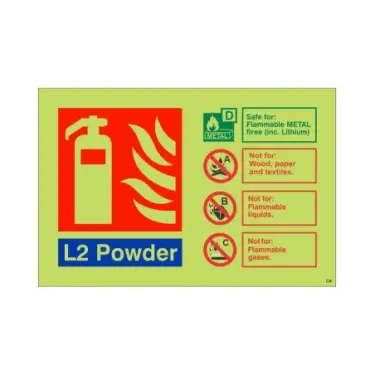 Click Here To Enlarge This Photo Of Photoluminescent &lpar;Glow in the Dark&rpar; Rigid Plastic &lpar;Class C&rpar; L2 Powder Fire Extinguisher ID Sign - 150mm x 100mm