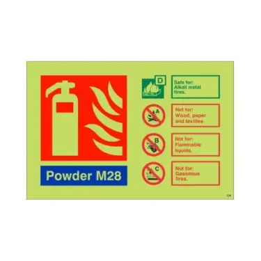 Click Here To Enlarge This Photo Of Photoluminescent &lpar;Glow in the Dark&rpar; Rigid Plastic &lpar;Class C&rpar; Powder M28 Fire Extinguisher ID Sign - 150mm x 100mm