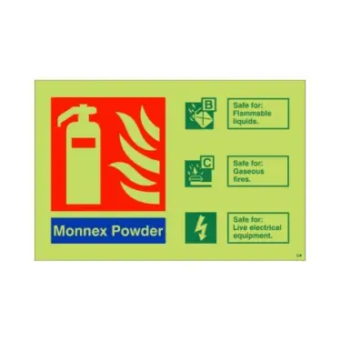 Click Here To Enlarge This Photo Of Photoluminescent &lpar;Glow in the Dark&rpar; Rigid Plastic &lpar;Class C&rpar; Monnex Powder Fire Extinguisher ID Sign - 150mm x 100mm