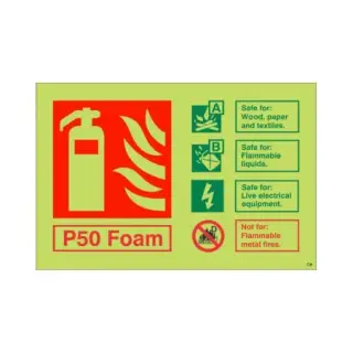Photoluminescent &lpar;Glow in the Dark&rpar; Self Adhesive &lpar;Class C&rpar; P50 Foam Fire Extinguisher ID Sign - 150mm x 100mm