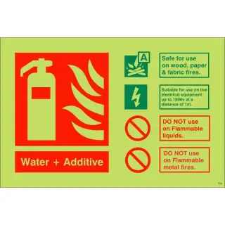 Photoluminescent &lpar;Glow in the Dark&rpar; Rigid Plastic &lpar;Class C&rpar; Water &plus; Additive Fire Extinguisher Sign - 150mm x 100mm