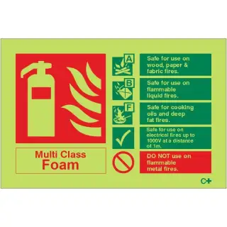 Photoluminescent &lpar;Glow in the Dark&rpar; Self Adhesive &lpar;Class C&rpar; Multi Class Foam Sign - 150mm x 100mm